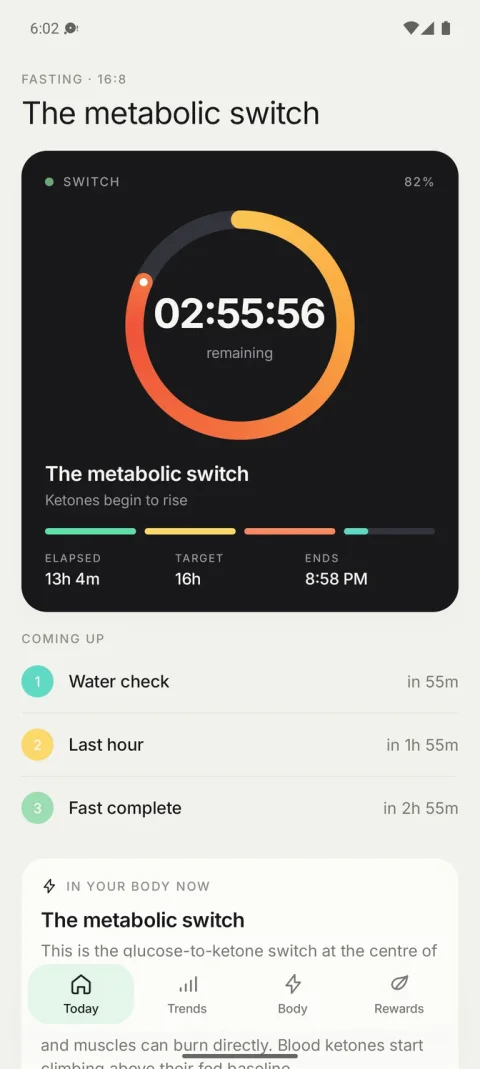 Reset's Today screen showing a fasting countdown and upcoming reminders